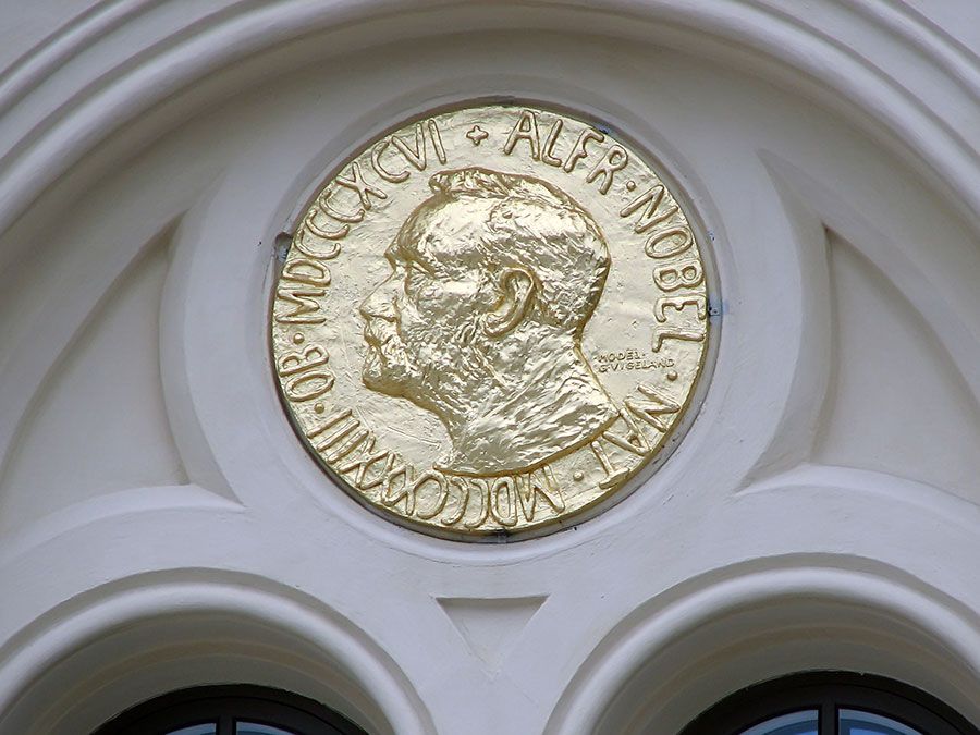 Alfred Nobel on a large reproduction of the obverse side of the Nobel Prize medal for Peace on the exterior of Nobel Peace Center opened in Oslo, Norway June 11, 2005 to learn about Nobel Peace Prize Laureates and the history of Alfred Bernhard Nobel.