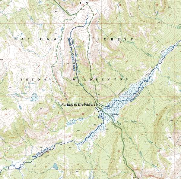 Section from a USGS map showing the Two Ocean Pass and the Great Divide in Wyoming, 1996