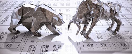 Stylized low-poly bull and bear standing and facing each other on newspaper page with financial data. Business and finance concept.