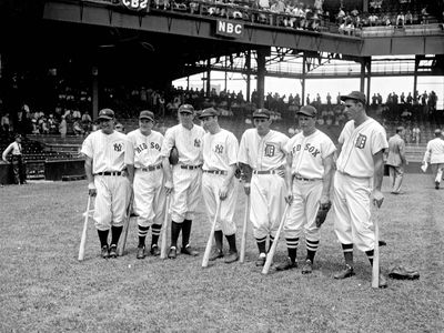 (From left to right) Lou Gehrig, Joe Cronin, Bill Dickey, Joe DiMaggio, Charlie Gehringer, Jimmie Foxx, and Hank Greenberg at the All-Star Game, Griffith Stadium, Washington, D.C., 1937.