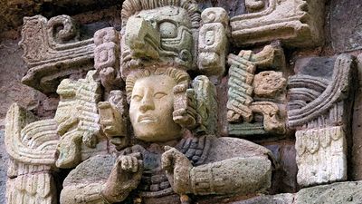 Copan. Stucco and stone Maya sculpture in the reconstruction of Structure 8N-66 South, Museo de Escultura, Copan sculpture museum, Honduras. UNESCO World Heritage Site, ancient Maya city