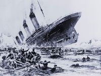 Sinking of the ocean liner the Titanic witnessed by survivors in lifeboats. May 15, 1912.