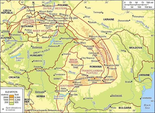 Carpathian Mountains; cross section of the Western Carpathians