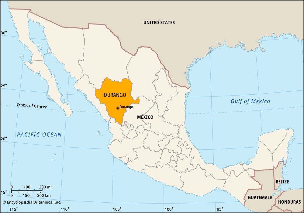 Durango, Mexico. Locator map: boundaries, cities.