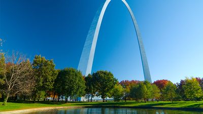 The Gateway Arch viewed from the surrounding park area in Gateway Arch National Park (formerly Jefferson National Expansion Memorial) in St. Louis, Missouri.