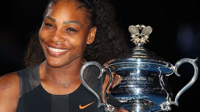 Serena Williams poses with the Daphne Akhurst Trophy after winning the Women's Singles final against Venus Williams of the United States on day 13 of the 2017 Australian Open at Melbourne Park on January 28, 2017 in Melbourne, Australia. (tennis, sports)