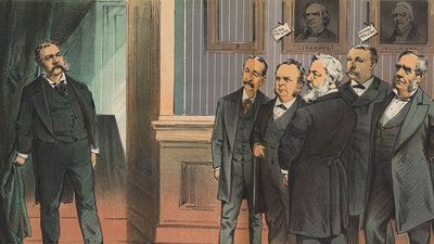 "On the threshold of office--what have we to expect of him?" chromolithograph by Joseph Keppler, September 1881. Print shows the members of the assassinated James A. Garfield's cabinet looking at the new president, Chester Arthur. Chester A. Arthur.