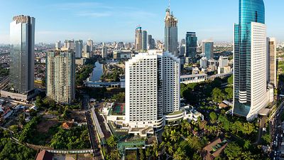 Skyscrapers in the business district of central Jakarta, Indonesia, around the Jalan Jenderal Sudirman thoroughfare.