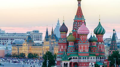 Taken at sunset, St. Basil's Cathedral towers over Red Square, Moscow, Russia.