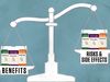 The video thumbnail image shows an illustrated scale holding pill bottles. "Benefits" is on the left, hanging lower than "Risks & Side Effects" on the right.