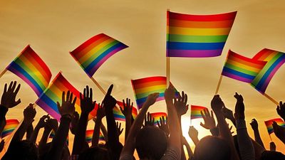 Silhouettes of People Holding Gay Pride Symbol Flag