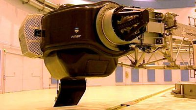 View German pilot Norbert Biehler inside a human centrifuge training to withstand an accelerated centrifugal force