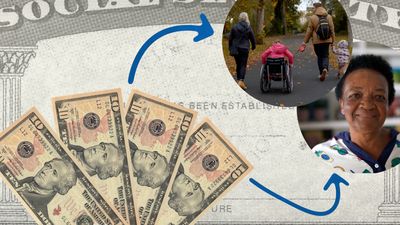 The video thumbnail image shows four ten dollar bills with arrows pointing to an image of a family with one member in a wheelchair and an image of an elderly woman. 