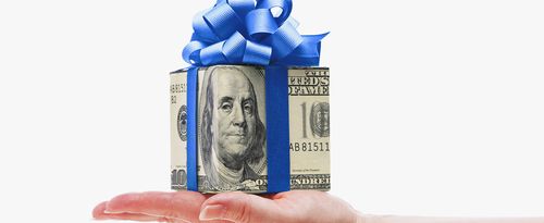 Hand Holding Money Cash Gift with Blue Bow on White