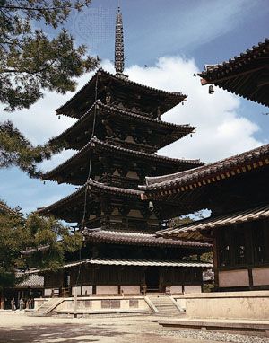 wood-and-stucco pagoda at the Hōryū Temple complex