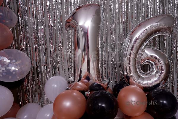 Silver Digit foil Balloons for the age in the Romantic Rosegold Birthday Theme decor.