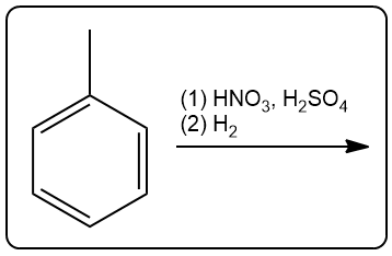 Benzene undergoing nitration with HNO3 and H2SO4, followed by reduction with H2.