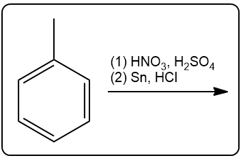 Benzene undergoing nitration with HNO3 and H2SO4, followed by reduction with Sn and HCl.