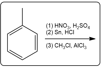 Benzene undergoing nitration with HNO3 and H2SO4, followed by reduction with Sn, HCl, and CH3Cl, AlCl3.