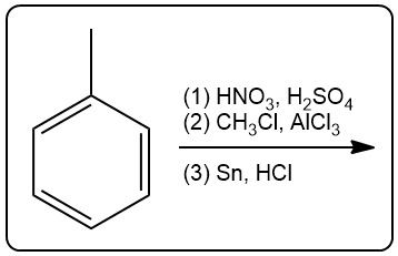 Benzene undergoing nitration with HNO3 and H2SO4, followed by reduction with CH3Cl, AlCl3, and Sn, HCl.