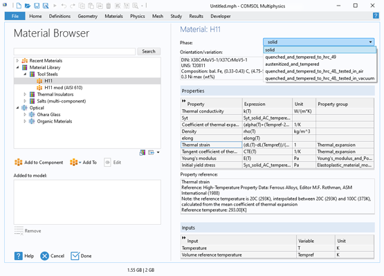 The Material Browser in COMSOL Multiphysics showing the properties for the H11 material.