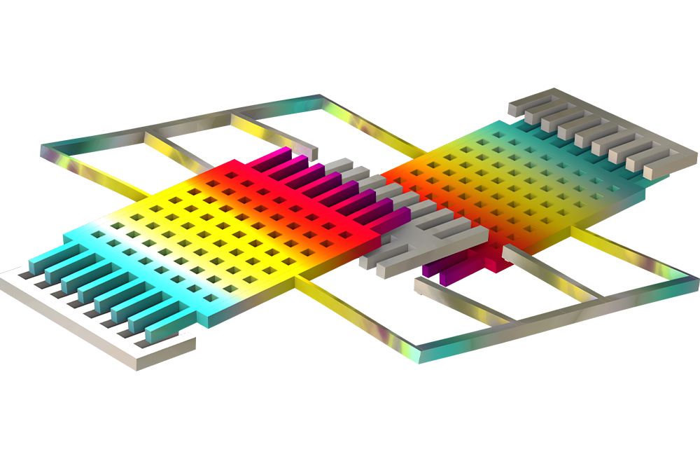 A comb-drive tuning fork gyroscope model showing the displacement magnitude in the Prism color table.