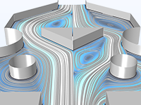 A close-up view of a Tesla microvalve model showing the flow field.