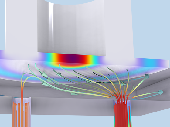 A close-up view of a piezoelectric micropump model showing the stress and flow field.