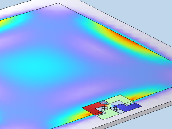 A close-up view of a piezoresistive pressure sensor model showing the stress and electric potential.