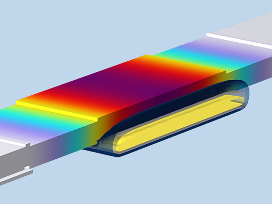 A close-up view of a resonator model showing the deformation and electric potential.