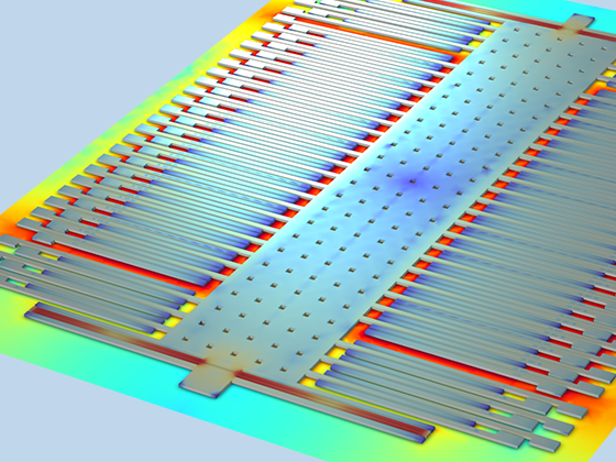 A close-up view of a surface micromachined accelerometer showing the electric potential.