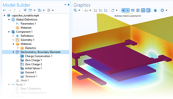 A close-up view of the Model Builder with the Electrostatics, Boundary Elements node highlighted and a tunable capacitor model in the Graphics window.