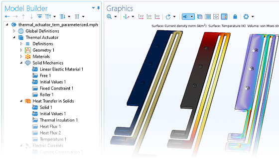 A close-up view of the Model Builder with the Thermal Expansion and Electromagnetic Heating nodes highlighted and three actuator results in the Graphics window.