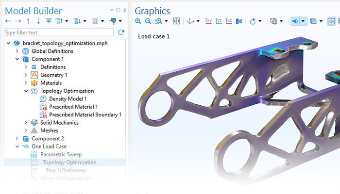 Une vue rapprochée du Constructeur de modèles avec le noeud Optimisation topologique en surbrillance et un modèle de fixation dans la fenêtre graphique.