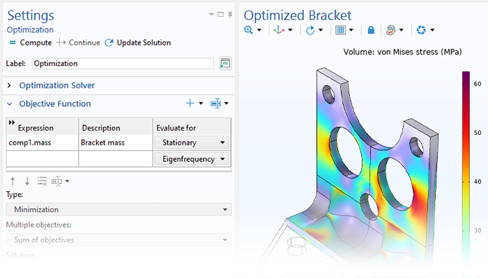 Une vue rapprochée de la fenêtre de réglages de l'étude d'optimisation et un modèle de fixation optimisé dans la fenêtre graphique.