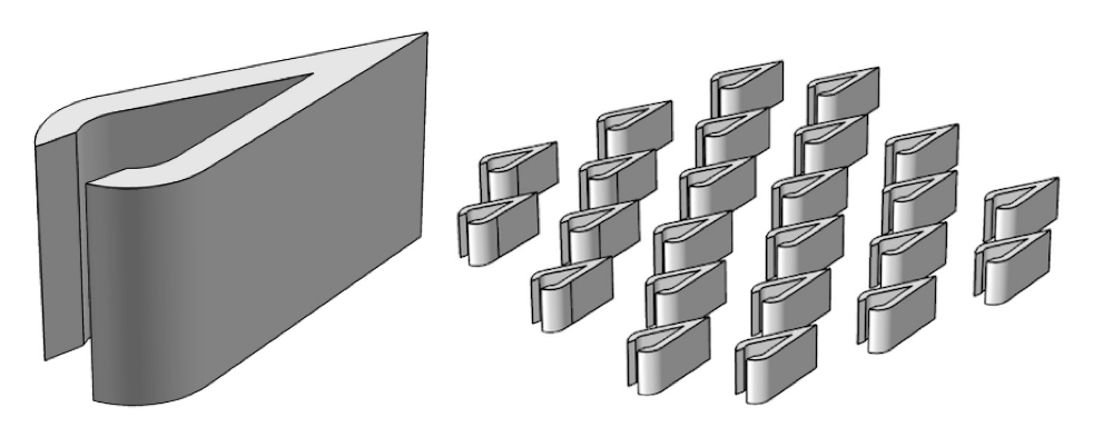 A side-by-side image showing a single structure and array of Piranha Pin Fins.