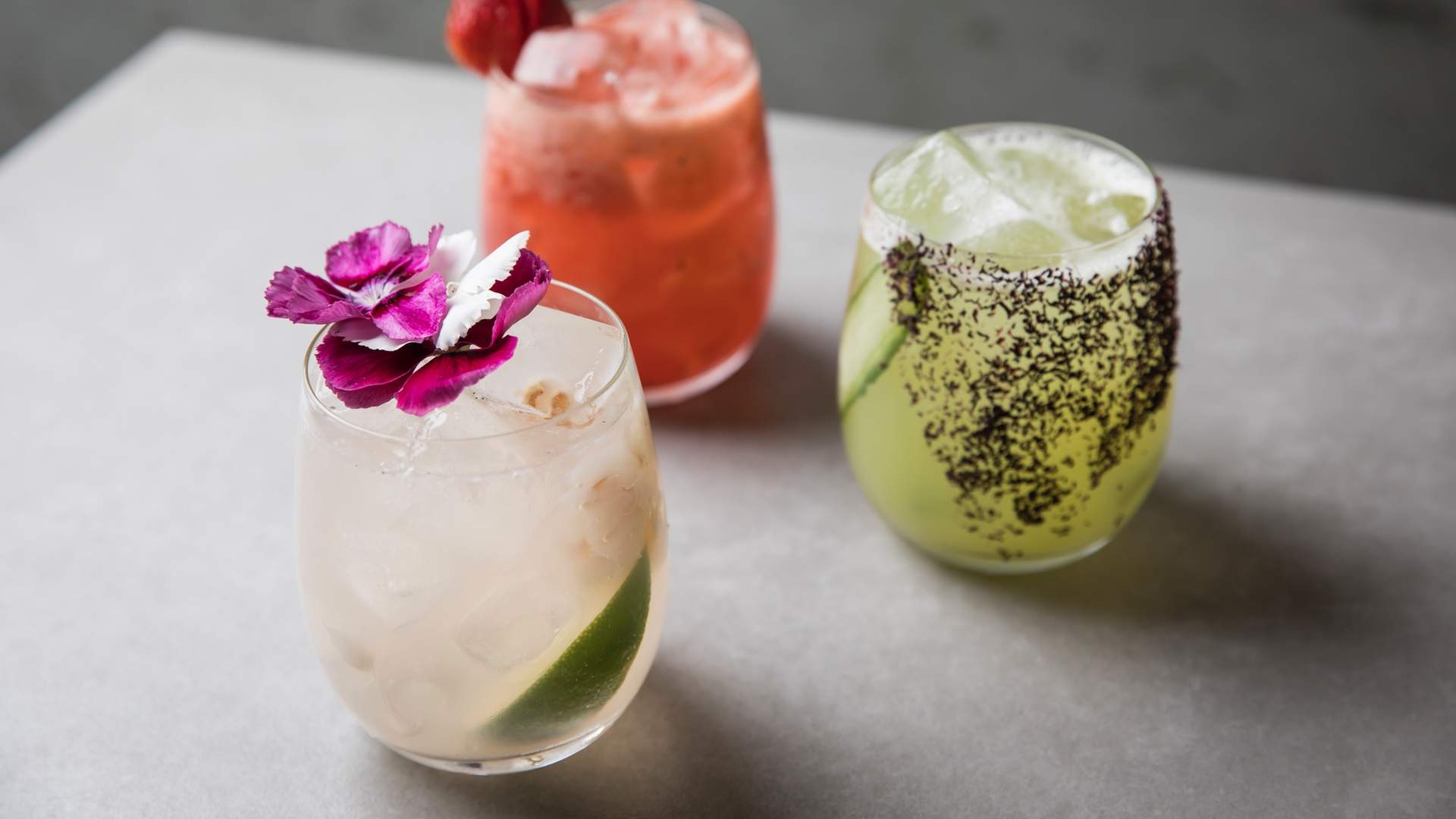 three colourful cocktails at Sake Restaurant and Bar Manly