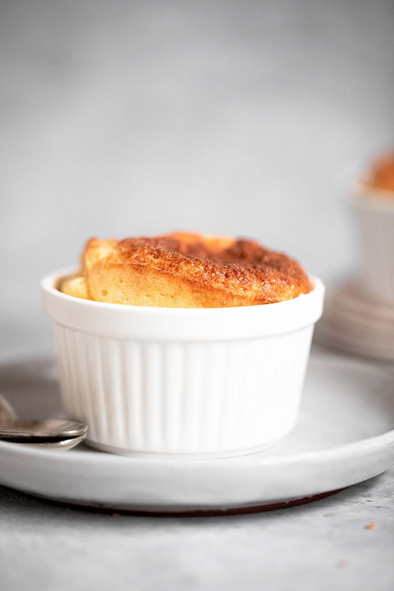 90° shot of one souffle about 5 minutes after removed from oven. Already deflated a little.