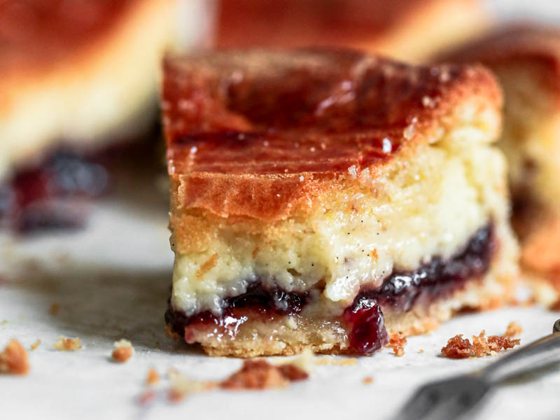 Closeup shot of one slice of Gateau Basque