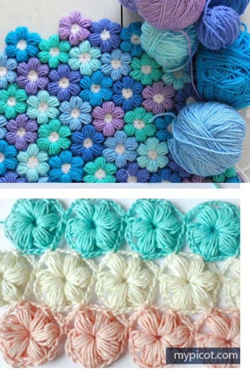 Puff stitch flower blanket in blue and purple