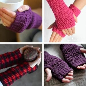 Fingerless glove crochet pattern collage