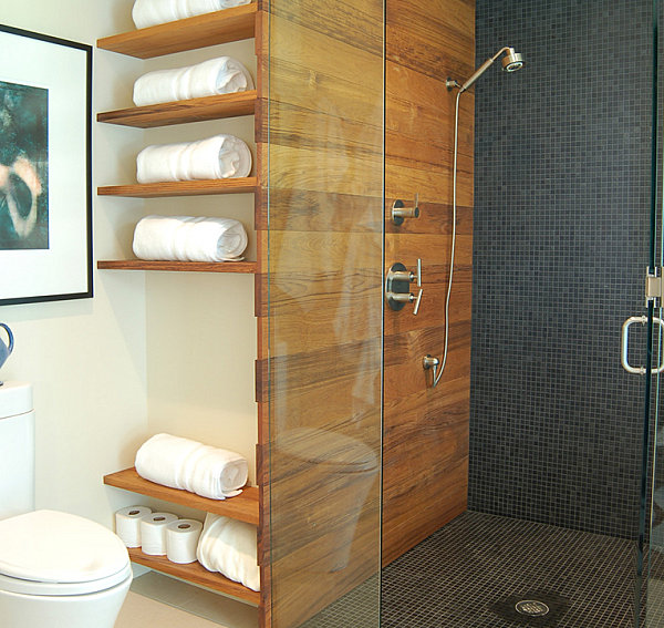 Open shelving in a modern bathroom