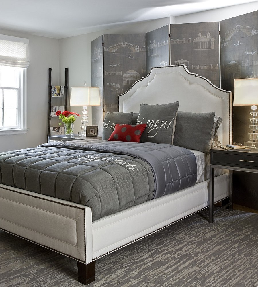 A dash of red is all your gray bedroom needs at times! [Design: Danziger Design]