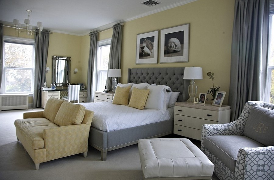 Beach style bedroom in yellow with a splash of gray! [Design: Libby Langdon Interiors]