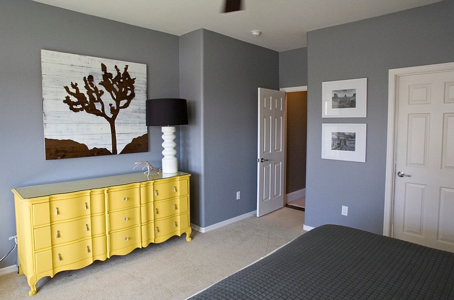 Bedroom in granite gray along with a delightful yellow dresser [Photography: Michelle Rasmussen]