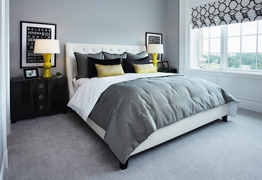 Cool gray offers the perfect backdrop for bright yellow additions [Design: IBB Design Fine Furnishings]