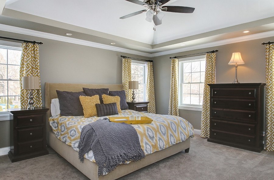 Curtains add geometric pattern to the bedroom [Design: Redstart Construction]