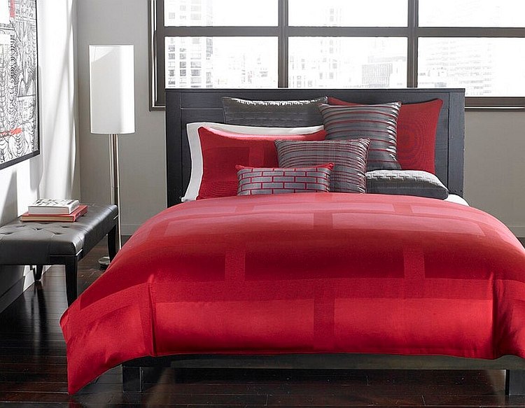 Hotel Collection bedding in red adds drama to the gorgeous bedroom [From: Hotel Collection]