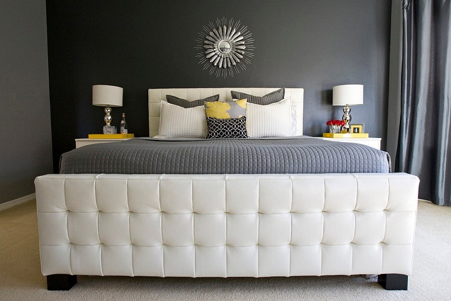 Luxurious master bedroom in gray with yellow accents [Design: Michelle Hinckley]