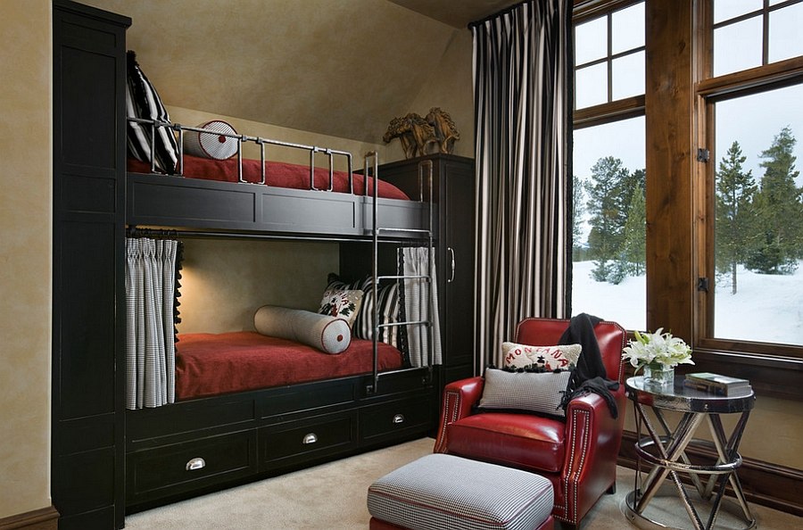 Traditional bedroom with bunk beds inspired by the classic winter cabin look [Design: Locati Architects]